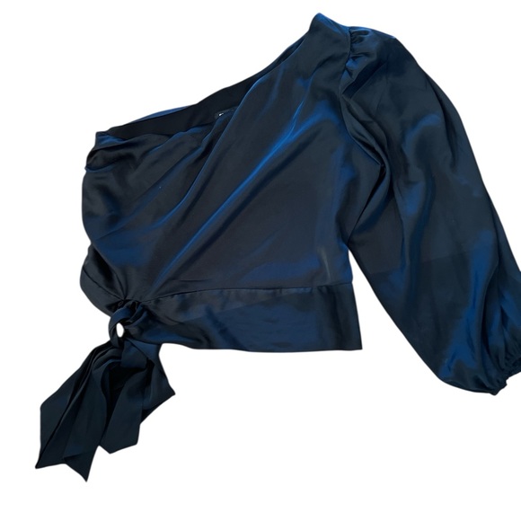 EXPRESS black satin one shoulder tie waist top Sz M - Picture 1 of 1